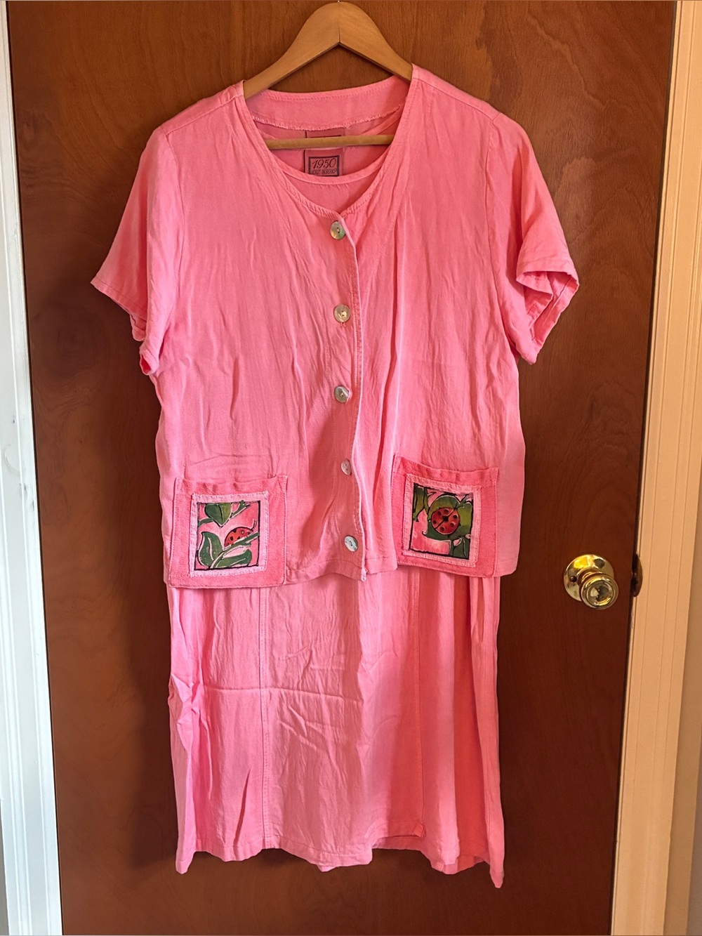 Lady Bug Pink Two-Piece Dress Set with Embroidered Pockets